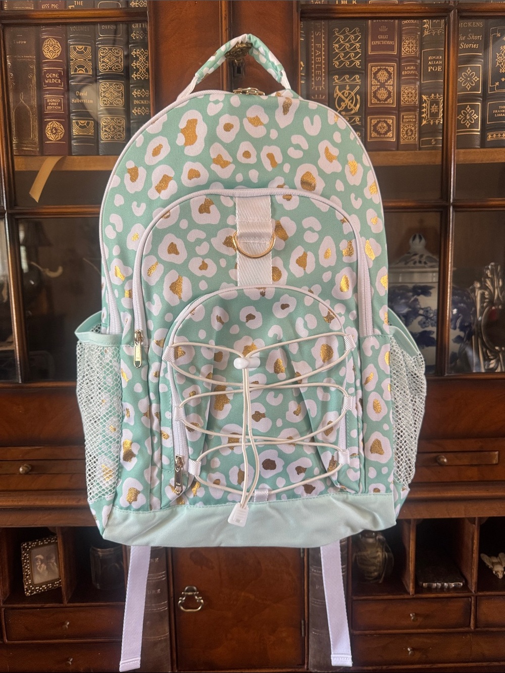 Pottery Barn Teen Gear Up Large Aqua and Gold Leopard Backpack - NWOT!